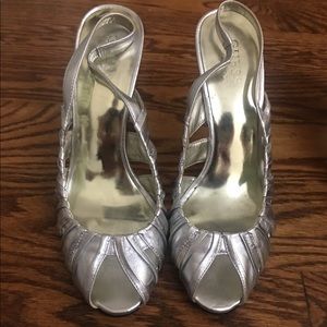 Guess silver peep toe sling back heels